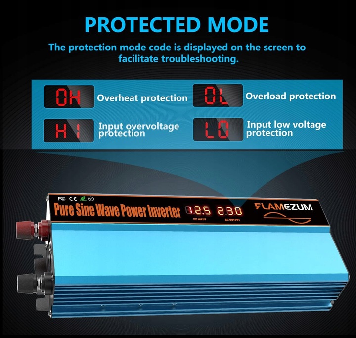 Przetwornica FLAMEZUM 1000/2000 W z 12 V/230 V czysta sinusoida 2xUSB 1x230
