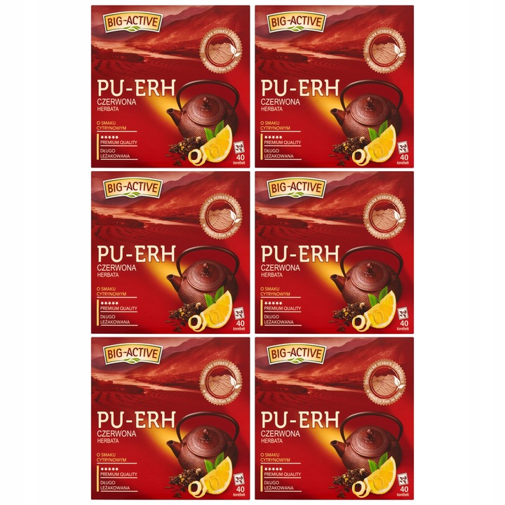 Zestaw 6 herbat czerwonych Pu erh z cytryną Big active + naklejka