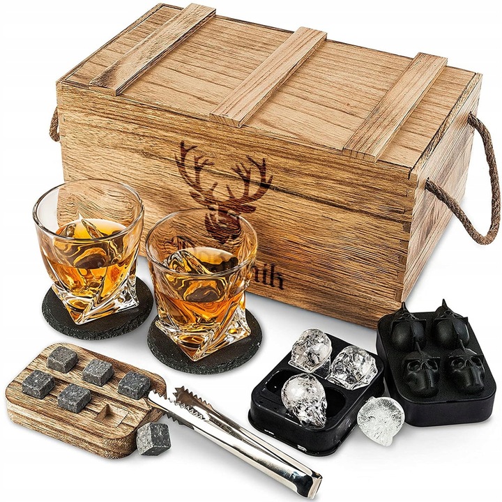 Zestaw do Whisky Skrzynka z Grawerem Kamienie Szczypce Prezent dla Mężczyzn