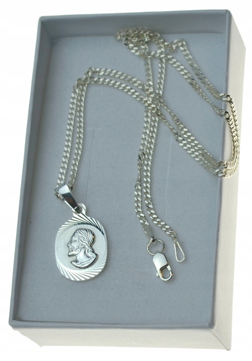 ŁAŃCUSZEK SREBRNY Z Medalikiem Jezus 925 55CM Komplet DLA CHŁOPCA KOMUNIA