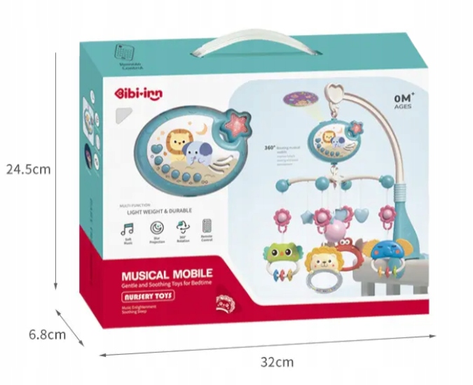 Karuzelka Niebieska do łóżeczka z Projektorem Muzyką Pilotem Pozytywka