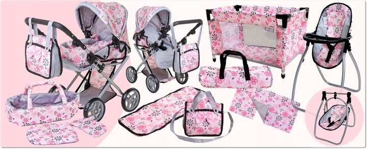 Wózek dla lalek 3w1 ŁÓŻECZKO KRZESEŁKO POŚCIEL TORBA PRZEWIJAK ZESTAW XXL
