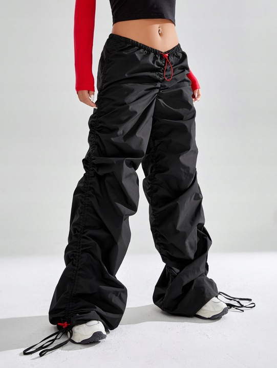 SPODNIE PARACHUTE MARSZCZONE ZE ŚCIĄGACZEM W PASIE I NOGAWKACH SHEIN S