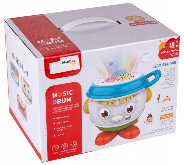 BĘBENEK MUZYCZNY INTERAKTYWNY OBROTOWY DLA DZIECI ŚWIATŁO ŚMIECH DZIECKA