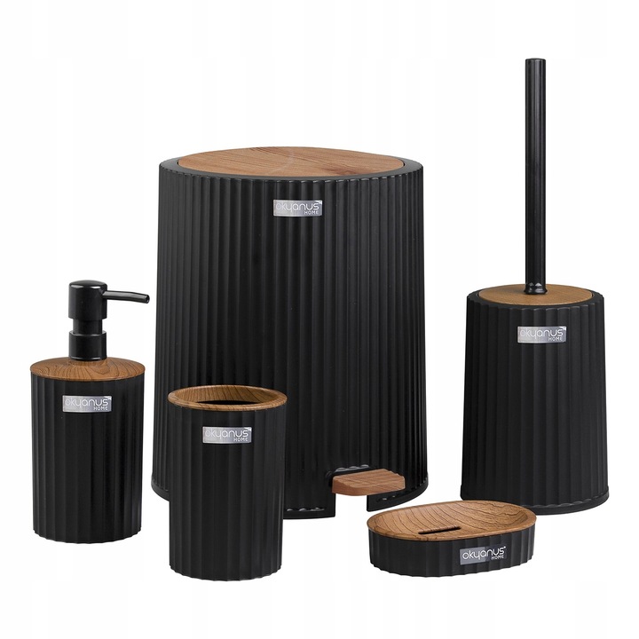 Zestaw łazienkowy 5 elementów Coliseum komplet do WC czarny drewno kosz