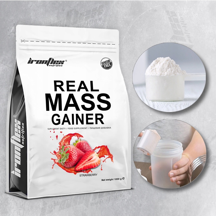 Gainer Real Mass 1000g BIAŁKO WĘGLOWODANY MASA MIĘSNIOWA WHEY WPC IronFlex