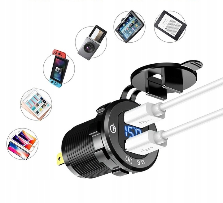 ŁADOWARKA SAMOCHODOWA USB QC3.0 + PD USB C WOLTOMIERZ PRZYCISK ON/OFF