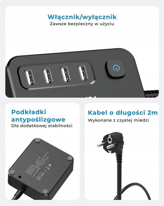Voomy S2 6-w-1 Listwa Zasilająca: 2x Gniazda, 4x USB 3.1A, 4000W, 2m Kabel