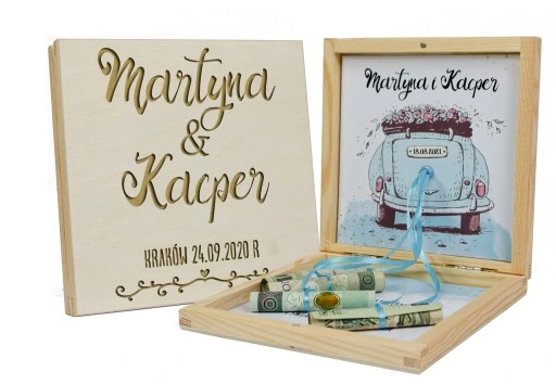 PUDEŁKO NA PIENIĄDZE PREZENT ŚLUBNY DLA MŁODEJ PARY NOWOŻEŃCÓW GRAWER