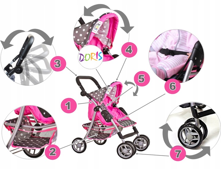 Wózek z lalką Doris SPACRÓWKA DLA LALEK + Duża INTERAKTYWNA LALKA BOBAS