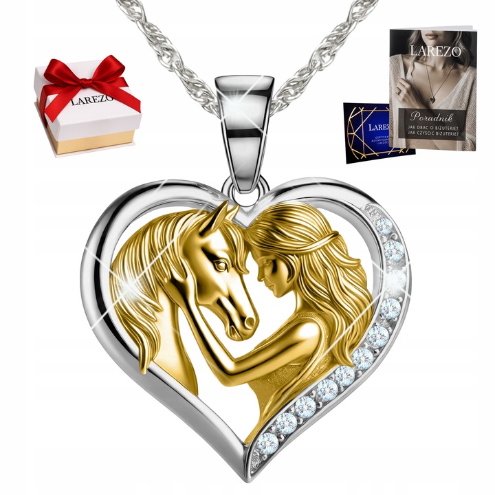 Naszyjnik Srebrny Serce Dziewczynka z Koniem Złoty Koń Cyrkonie SREBRO 925