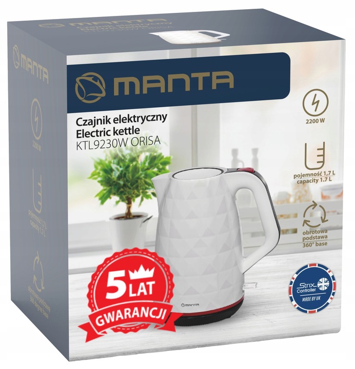 CZAJNIK ELEKTRYCZNY bezprzewodowy BIAŁY CICHY 2200W BEZ BPA FREE 1,7L Manta
