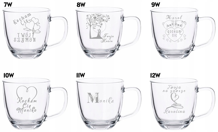 2 Duże Szklane Kubki Grawer LOGO 420ml Prezent dla pary Walentynki WZORY