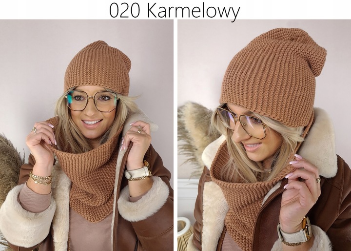 Ciepły KOMPLET damski CZAPKA + KOMIN szal PIĘKNY zimowy polski MODNE KOLORY