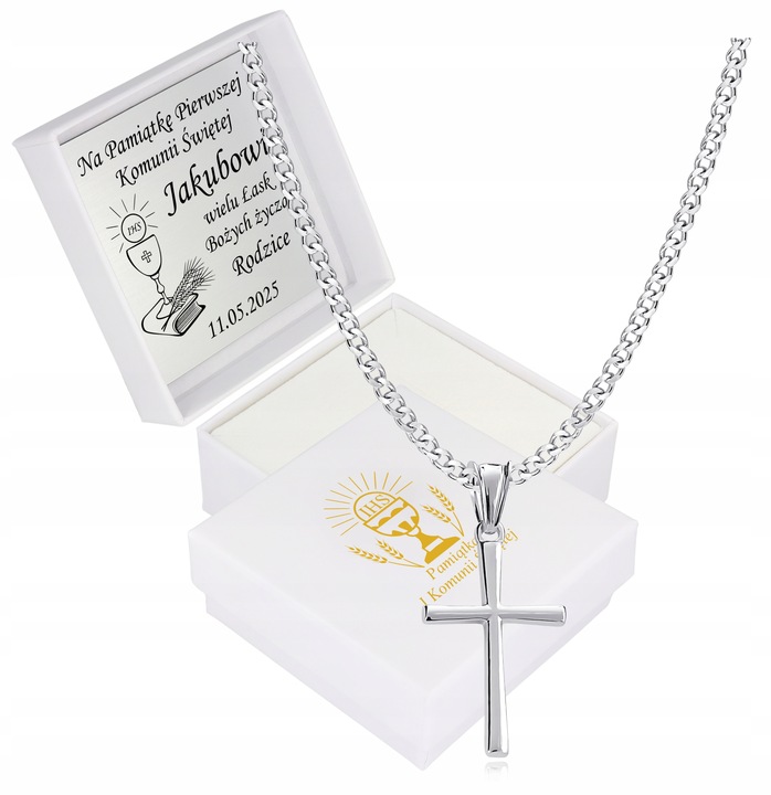 Krzyżyk srebrny łańcuszek zestaw komunijny dla chłopca na prezent chrzest