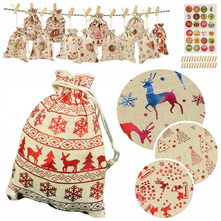 KALENDARZ ADWENTOWY dla DZIECI wiszący WORECZKI 12/16 cm DIY ZESTAW 73 el.