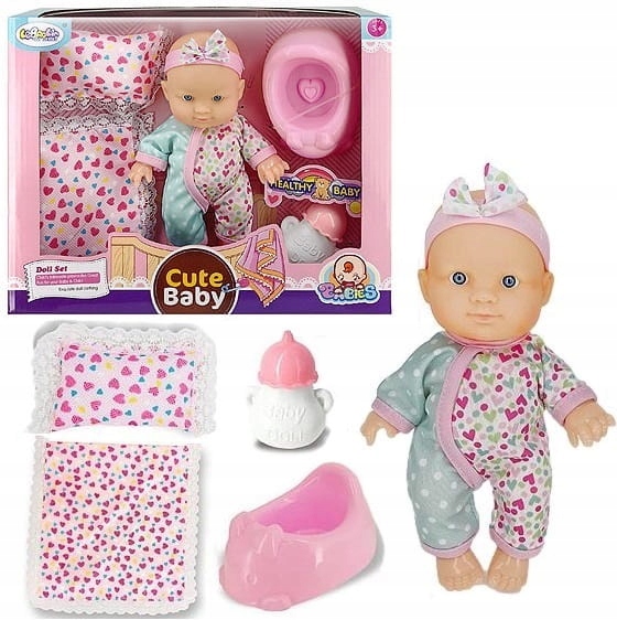LALKA BOBAS W UBRANKU 20CM Z AKCESORIAMI KOŁDERKA NOCNIK BUTELKA