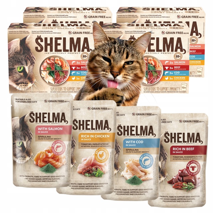 SHELMA MOKRA KARMA FILECIKI ŁOSOŚ DORSZ WOŁOWINA KURCZAK DLA KOTA 48X85G