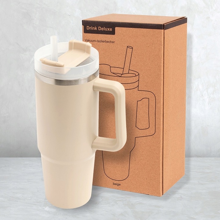 KUBEK TERMICZNY z Uchwytem i Słomką SZCZELNY 900 ml do AUTA STAL Nierdzewna