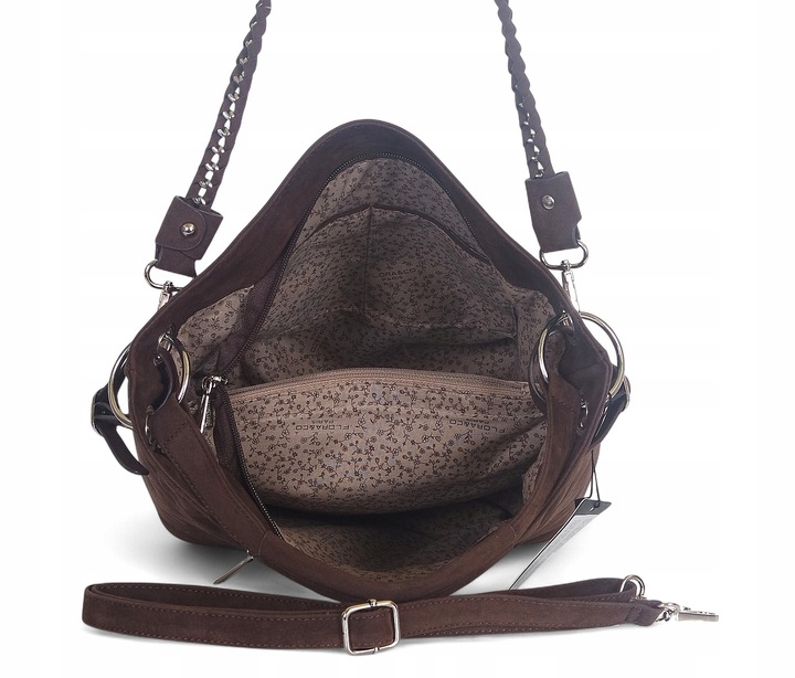 Flora&Co Paris Czekoladowa zamszowa torebka Worek Łańcuszek + Pasek Zamsz