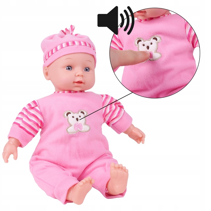 LALKA BOBAS W ŚPIOSZKACH MÓWI ŚMIEJE SIĘ 34CM MIĘKKA ŚLICZNA UBRANKO CZAPKA