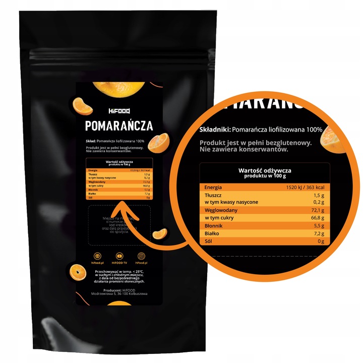 Pomarańcza Liofilizowana Grys 100g 100 g Kawałki Crunchy Pomarańcze HiFood