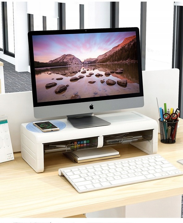 PÓŁKA PODSTAWKA POD MONITOR Z SZUFLADKAMI BIAŁA NADSTAWKA NA BIURKO RK2