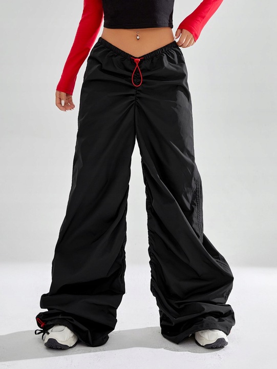 SPODNIE PARACHUTE MARSZCZONE ZE ŚCIĄGACZEM W PASIE I NOGAWKACH SHEIN S