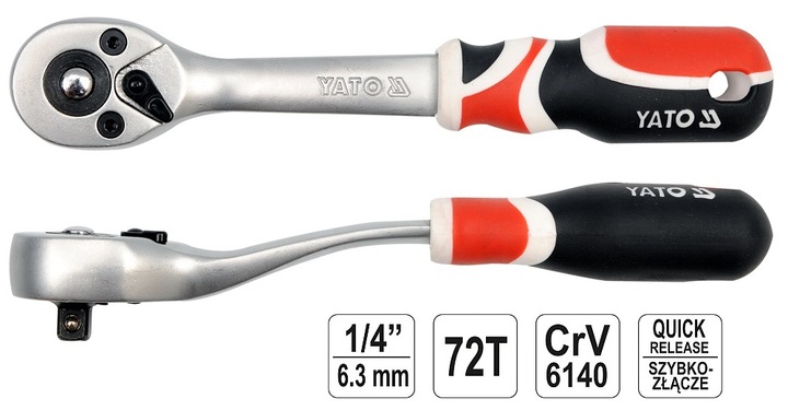 YATO ZESTAW GRZECHOTEK 3 SZTUKI 1/4" 3/8" 1/2" WYGIĘTA QUICK RELASE 72 ZĘBY