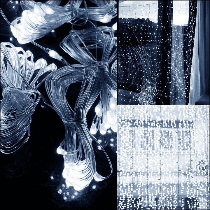 KURTYNA ŚWIETLNA NA BATERIE 300 LED LAMPKI 3x3M 8 FUNKCJI ZIMNE ŚWIATŁO