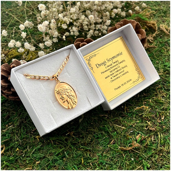 PAMIĄTKA CHRZTU ŚWIĘTEGO / ZŁOTY ŁAŃCUSZEK + MEDALIK JEZUS 18K DLA CHŁOPCA