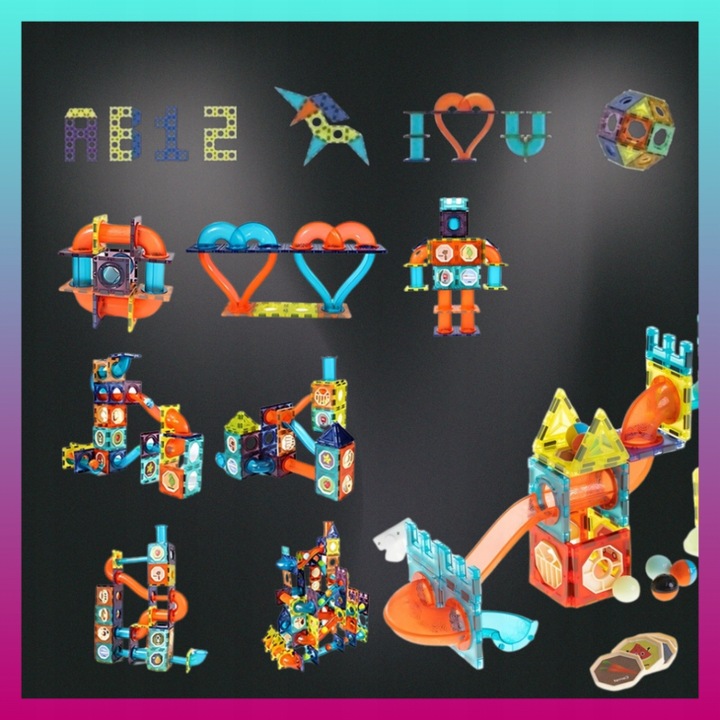 Klocki MAGNETYCZNE KONSTRUKCYJNE Tor kulkowy ŚWIECĄCY 110 el Zestaw dziecko