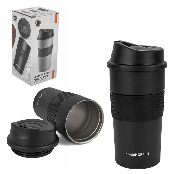 Turystyczny KUBEK TERMICZNY NA KAWĘ termos NA HERBATĘ Elliot 440ml CZARNY