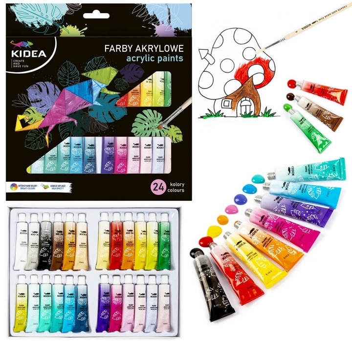 Farby akrylowe Kidea 24 szt. x 6 ml WYSOKIE KRYCIE niezwykle wydajne szkoły