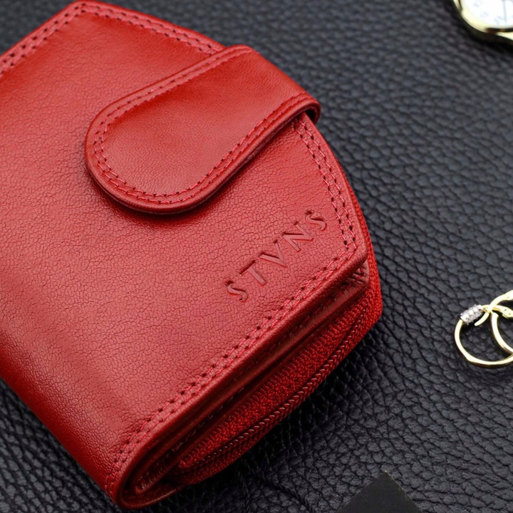 Portfel Damski Skórzany STEVENS Mały Czerwony Zapinany Portmonetka RFID