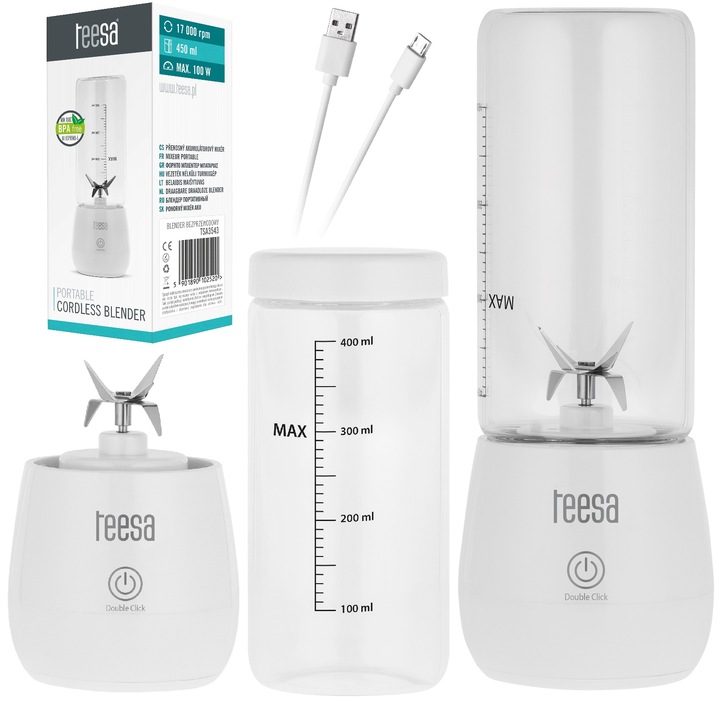 BLENDER PERSONALNY TEESA WHITE MAŁY PRZENOŚNY NA USB AKUMULATOR 100W