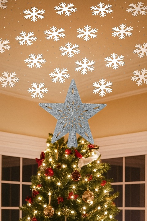 Gwiazda na choinkę LED srebrna brokatowa z projektorem płatki śniegu czubek