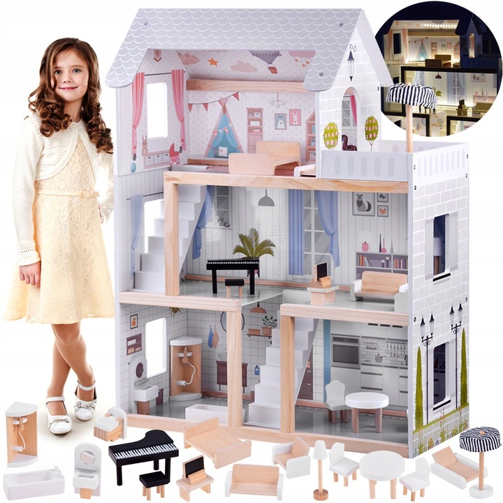 Drewniany domek dla lalek w stylu Boho led ZA4131