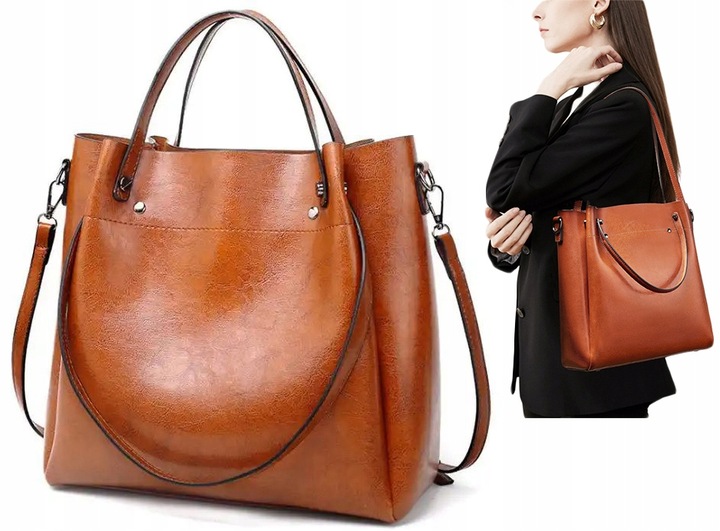 TOREBKA DAMSKA NA RAMIĘ SKÓRZANA TORBA CZARNY DO RĘKI SHOPPER PASEK