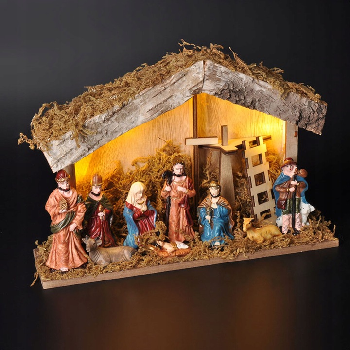 Szopka drewniana LED z podświetleniem, 6x LED, timer, 27x17cm, multikolor