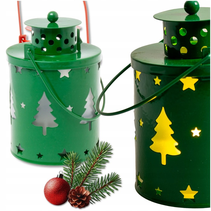 Lampion adwentowy na roraty dla dzieci metalowy zielony choinki LED 12,5 cm