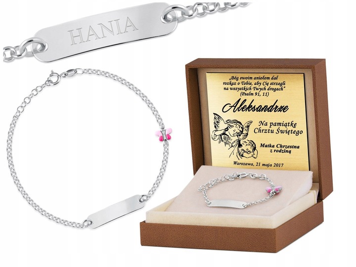 Bransoletka Srebrna 925 Motylek z Imieniem Grawer Pamiątka Chrztu Świętego