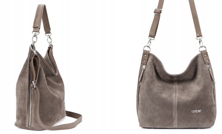 Modne torebki z zamszu naturalnego taupe duże a4 markowe LOCCATI skórzane