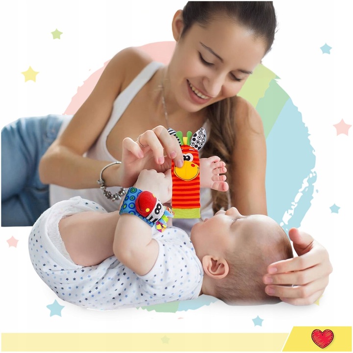 4x SKARPETKI + OPASKI 3D GRZECHOTKI SOZZY ZABAWKA SENSORYCZNA DLA NIEMOWLĄT