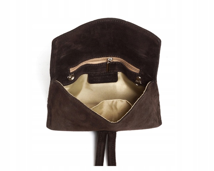 WŁOSKA SKÓRZANA KOPERTÓWKA TOREBKA WIZYTOWA SOLOME FLORA BRĄZOWA ZAMSZOWA