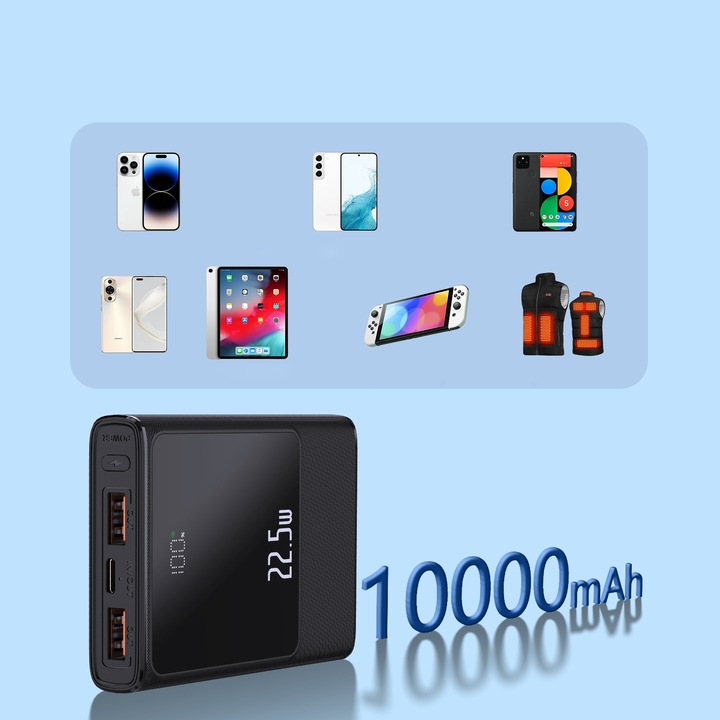 POWERBANK 10000MAH MOCNA SZYBKA ŁADOWARKA 22,5W 2XUSB A/USB-C WYŚWIETLACZ L