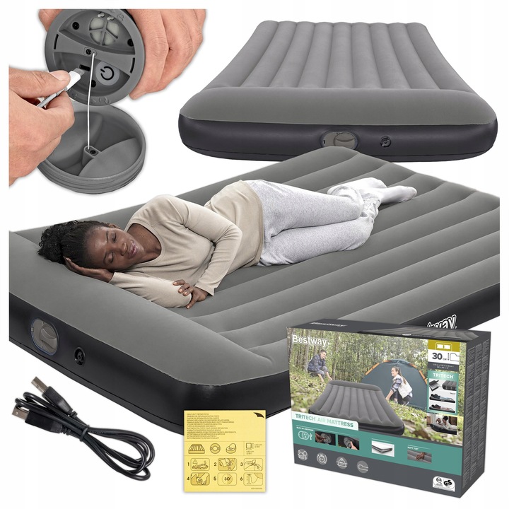 MATERAC DMUCHANY Z POMPKĄ USB ŁÓŻKO DO SPANIA 203 x 152 CM BESTWAY 671BS
