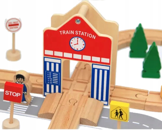 DREWNIANA KOLEJKA TOR WAGONY POCIĄG Budynki Ciuchcia Lokomotywa Zestaw