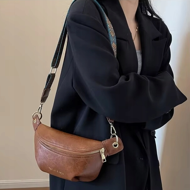 Torebka Damska Nerka BRĄZOWA Pojemna na Ramię Pasek Kolorowy Złoty Zamek