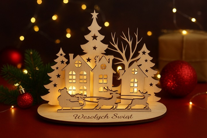 Miasteczko ze sklejki, ozdoba świąteczna, Boże Narodzenie, LED, grawer